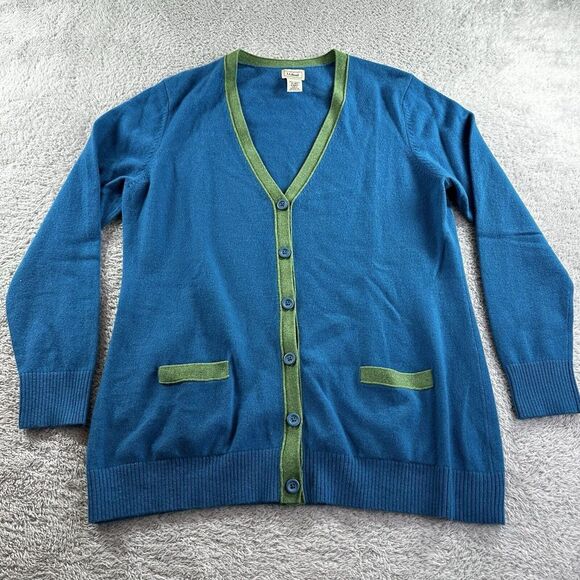 L.L Bean Cashmere Cardigan Sweater Womens‎ XL Blue Green Pockets V Neck - Picture 1 of 8